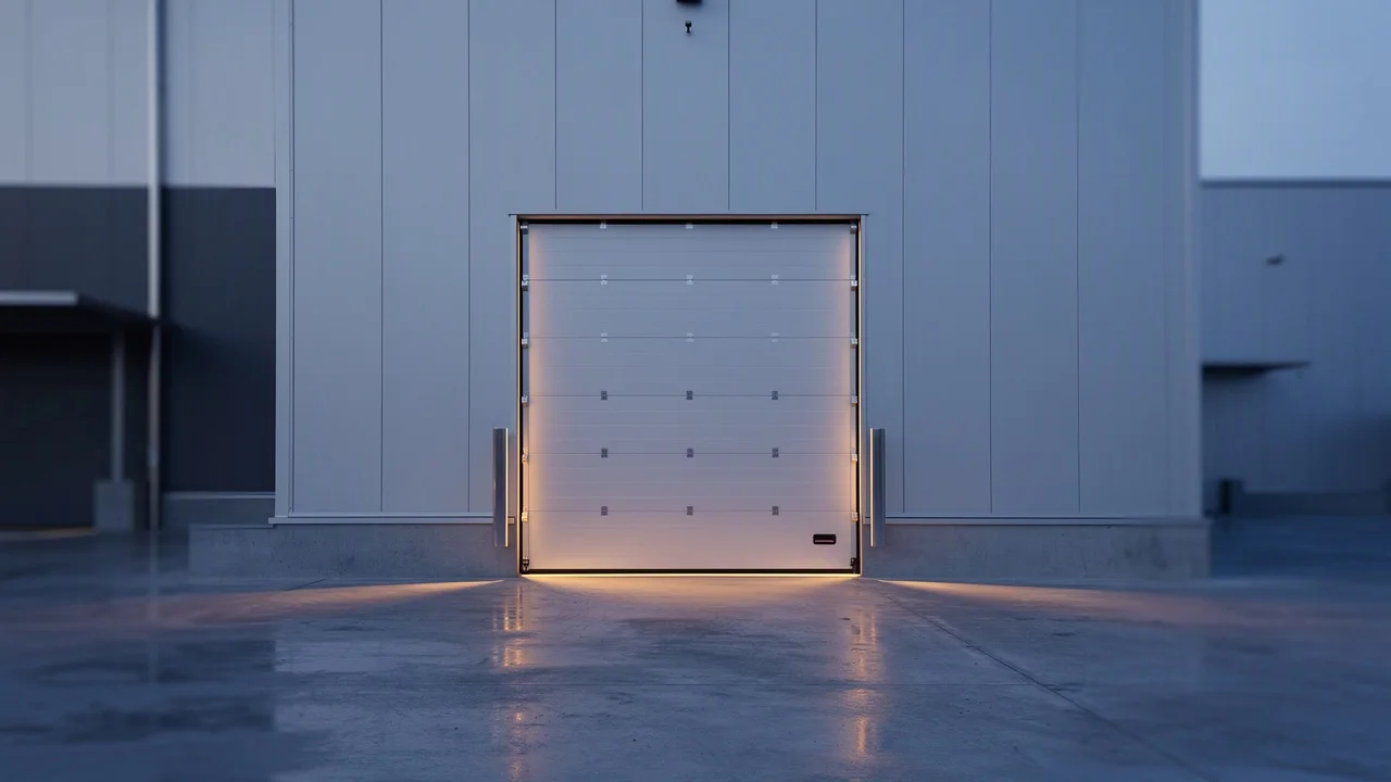 Von HUB.KI erzeugtes Titelbild: modernes Industrietor an einer Logistikhalle bei Abendlicht