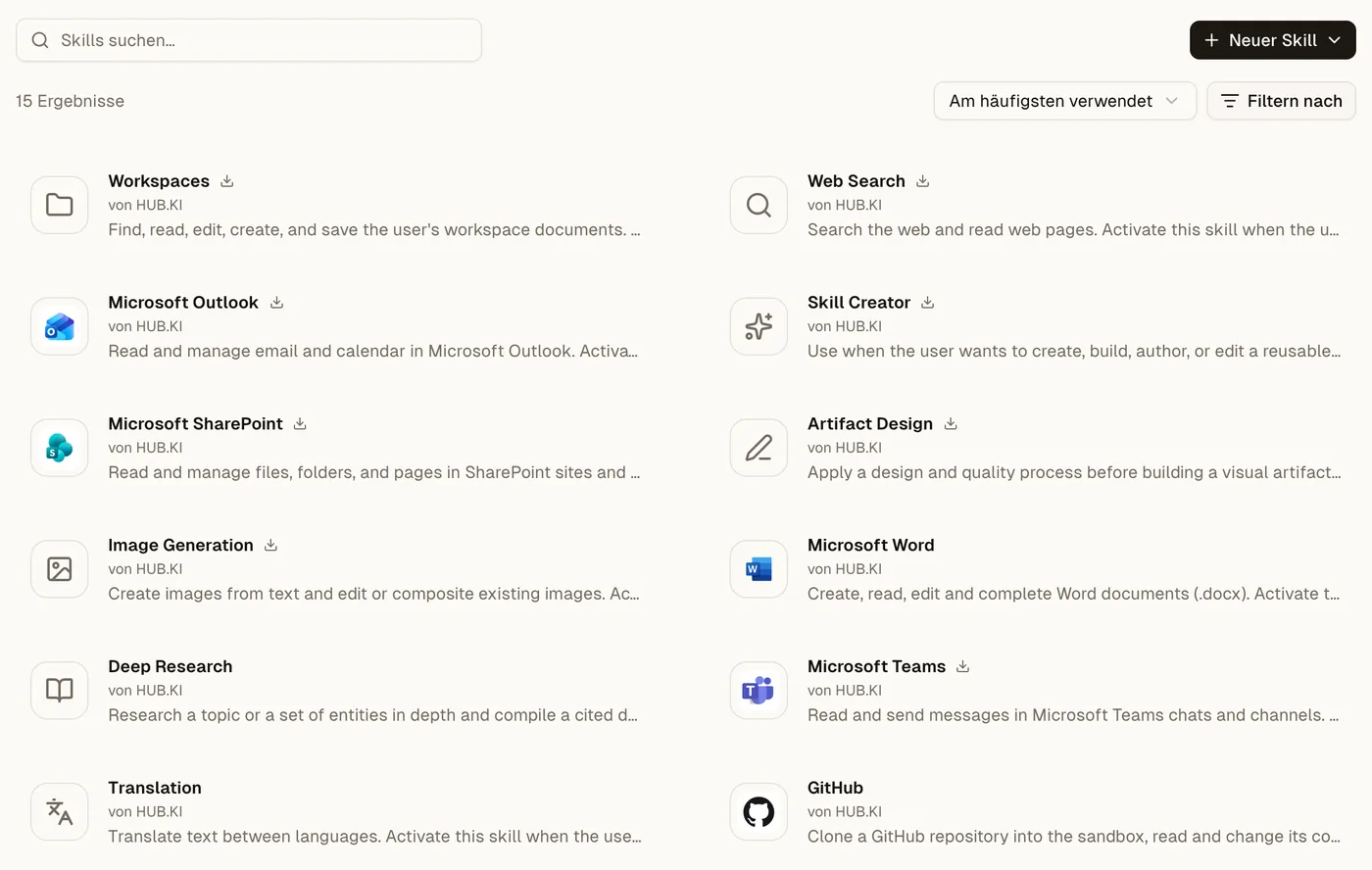 Marktplatz in HUB.KI mit den Skills von HUB.KI: Workspaces, Web Search, Microsoft Outlook, Skill Creator, Microsoft SharePoint, Artifact Design, Image Generation, Microsoft Word, Deep Research, Microsoft Teams, Translation und GitHub